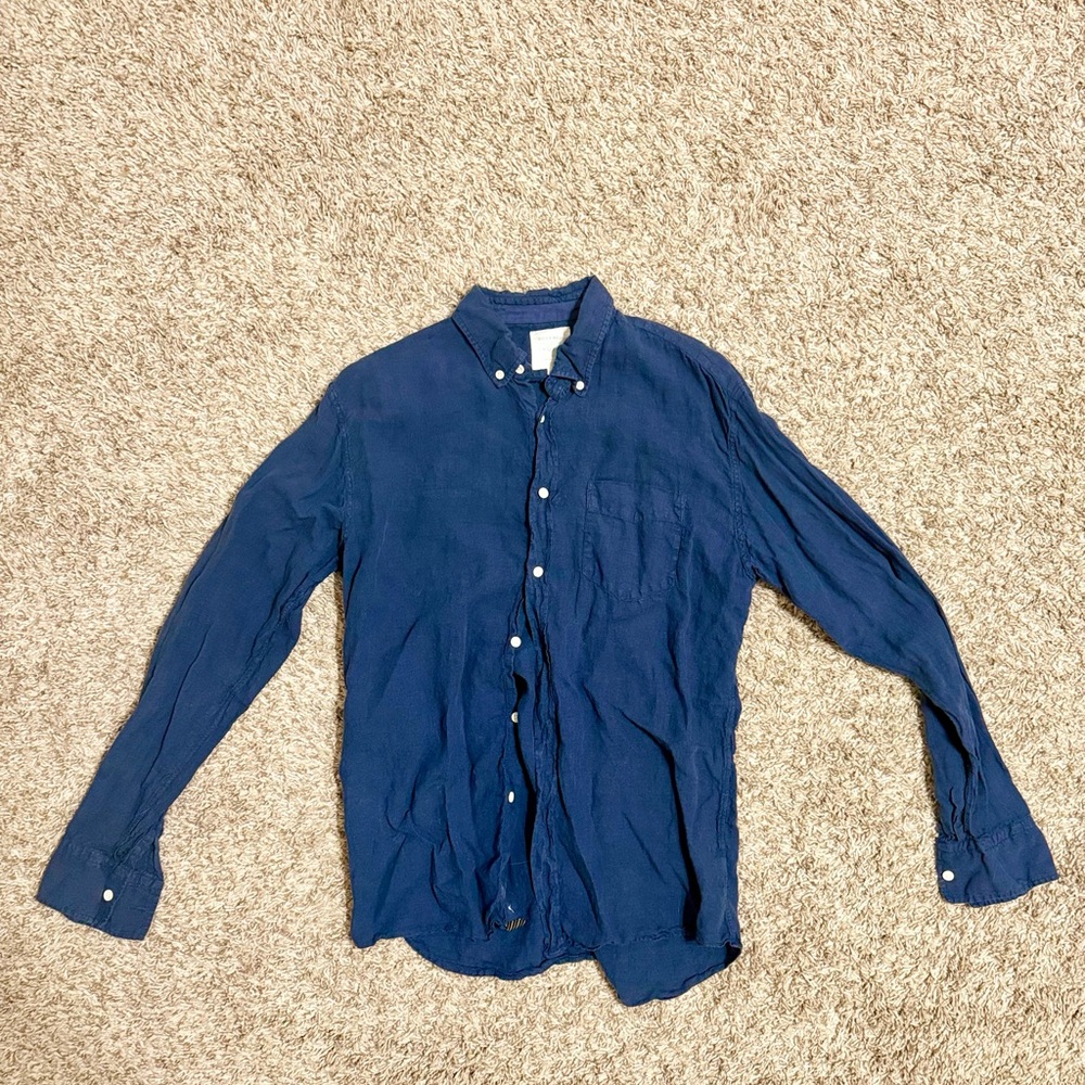 Billy Reid Men's Linen Blue Button-Up Shirt